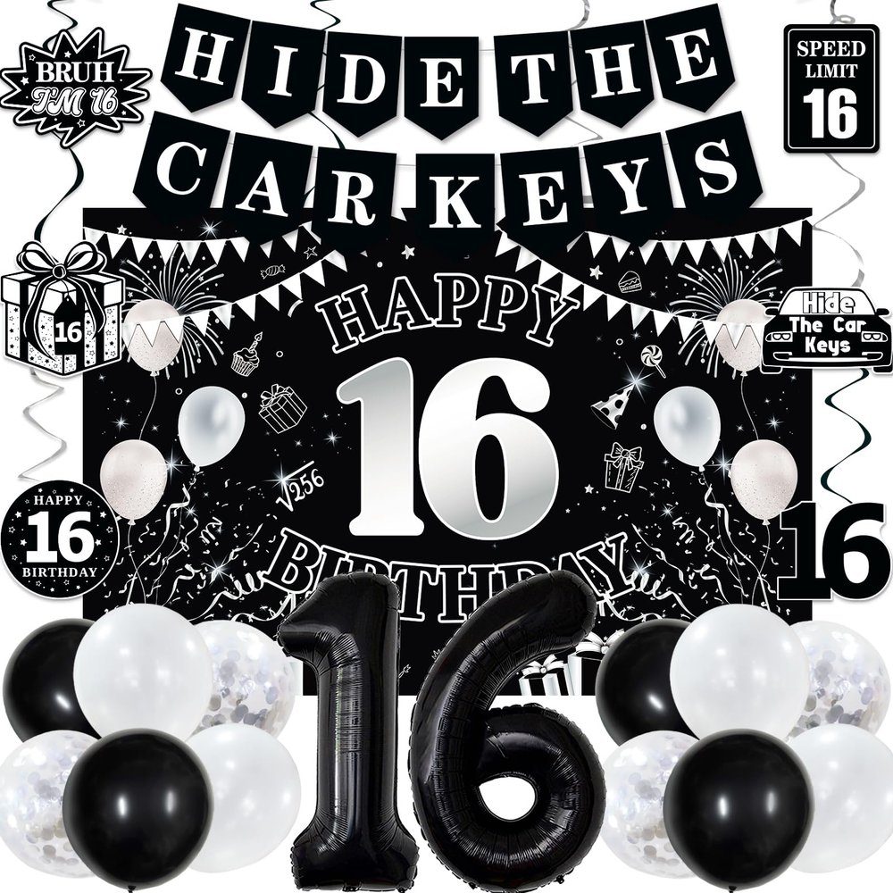 16th Birthday Decorations for Boys Girls, Black White Happy 16th Birthday Party Decorations, Happy 16th Birthday Backdrop, Foil Balloons 16, Banner, Balloons, Hanging Swirls, Birthday Cards Set 45pcs