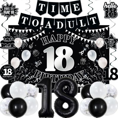 18th Birthday Decorations for Boys Girls, Black White Happy 18th Birthday Party Decorations, Time To Adult Birthday Banner, Foil Balloons 18, Backdrop, Balloons, Hanging Swirl, Birthday Card Set 43pcs