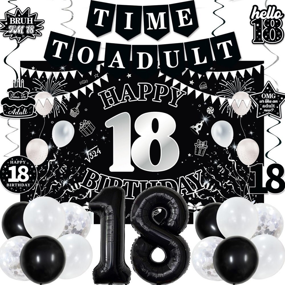 18th Birthday Decorations for Boys Girls, Black White Happy 18th Birthday Party Decorations, Time To Adult Birthday Banner, Foil Balloons 18, Backdrop, Balloons, Hanging Swirl, Birthday Card Set 43pcs
