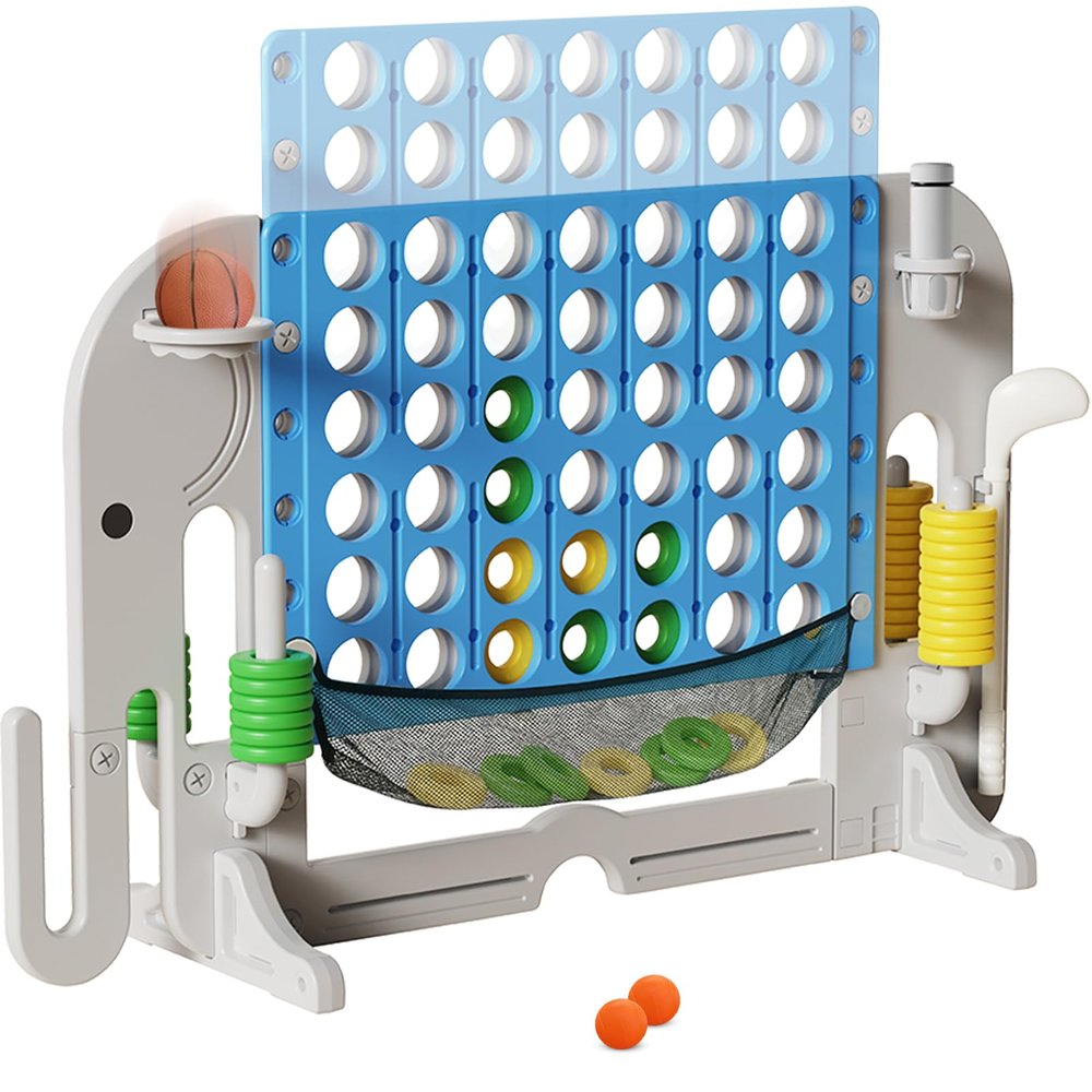 Giant 4 in a Row Connect Game, Adjustable Height (2.6FT-4.3FT) Jumbo 4-to-Score Yard Game Set with Basketball, Golf & Ring Toss, Elephant Design Outdoor Indoor Family Yard Party Game for Kids & Adults