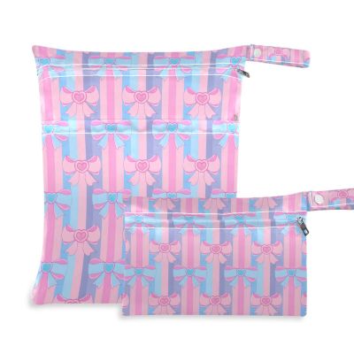 Wajiw 2pcs Waterproof Wet Dry Bags, Reusable Cloth Diaper Wet Dry Bags with Dual Zippered Pockets and Handle for Travel Pool Yoga Gym Clothes and Toiletries, Bows