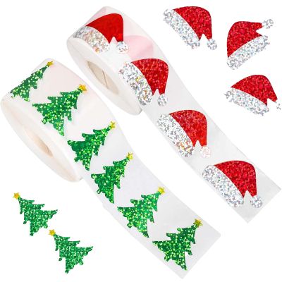 1000 Pieces Christmas Stickers, 500 Glitter Santa Hat & 500 Green Christmas Tree Stickers, Self-Adhesive Waterproof Decals for Xmas Envelopes, Cards, Gift Tags &Decorations, Journal, Party Supplies