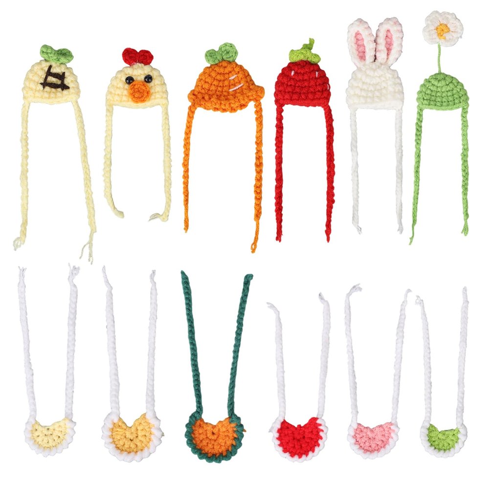 12pcs 7in Desk Goose Outfits Clothes, Include 6 Mini Knitted Hats and 6 Bibs Adjustable Magnetic Porch Goose Key Holder Accessories Funny Desk Decoration for Office Home