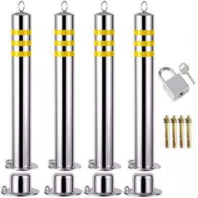 Stainless Steel Traffic Bollard Post - 24-44 Inch Height, Reflective Driveway Barrier with Lockable Base(4 pack/35inch)