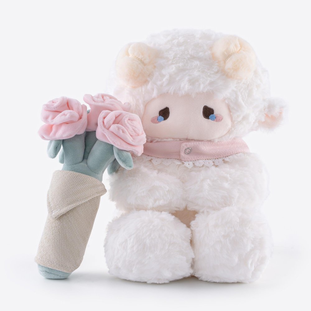11.4" White Lamb Plush Stuffed Animal with Removable Bouquet of Pink Roses - Ultra Soft & Interactive Cuddly Toy Gift, A Surprise That Never Fades