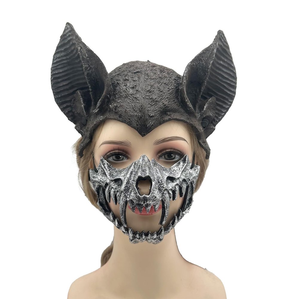 2 Pcs Bat Ears and Mask Set,Half Face Skull Bat Mask,Skeleton Bat Costume for Role-Play Party,Animal Skull Masks (Silver)