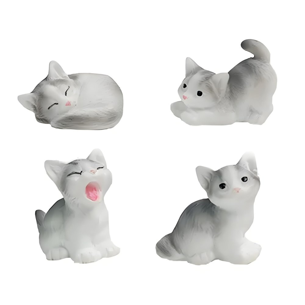 4 Pcs Mini Gray Cat Figurines in Different Poses - Cute Resin Kittens for Fairy Garden Accessories, DIY Terrarium Crafts, Moss Landscapes, Home Ornament , Desk & Car Decorations, Birthday Gifts
