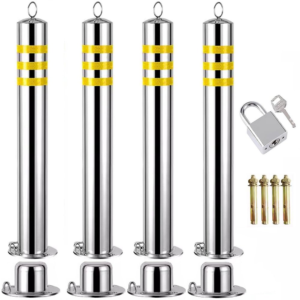 Stainless Steel Traffic Bollard Post - 24-44 Inch Height, Reflective Driveway Barrier with Lockable Base(4 pack/24inch)