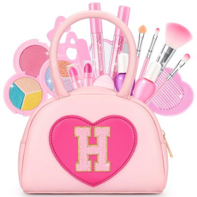 Kids Washable Makeup Kits for Little Girls - 18 Pcs Toddler Non Toxic Real Make Up Set with Lipstick - Easter Basket Stuffers for 3 4 5 6 7 8 9 10 Years Old Pink Initial Heart Purse Birthday Toys - H