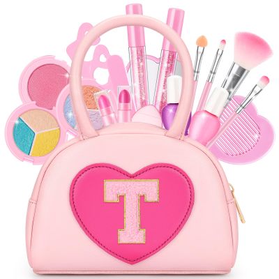Kids Washable Makeup Kits for Little Girls - 18 Pcs Toddler Non Toxic Real Make Up Set with Lipstick - Valentines Day Gifts for 3 4 5 6 7 8 9 10 Years Old Pink Initial Heart Purse Birthday Toys - T