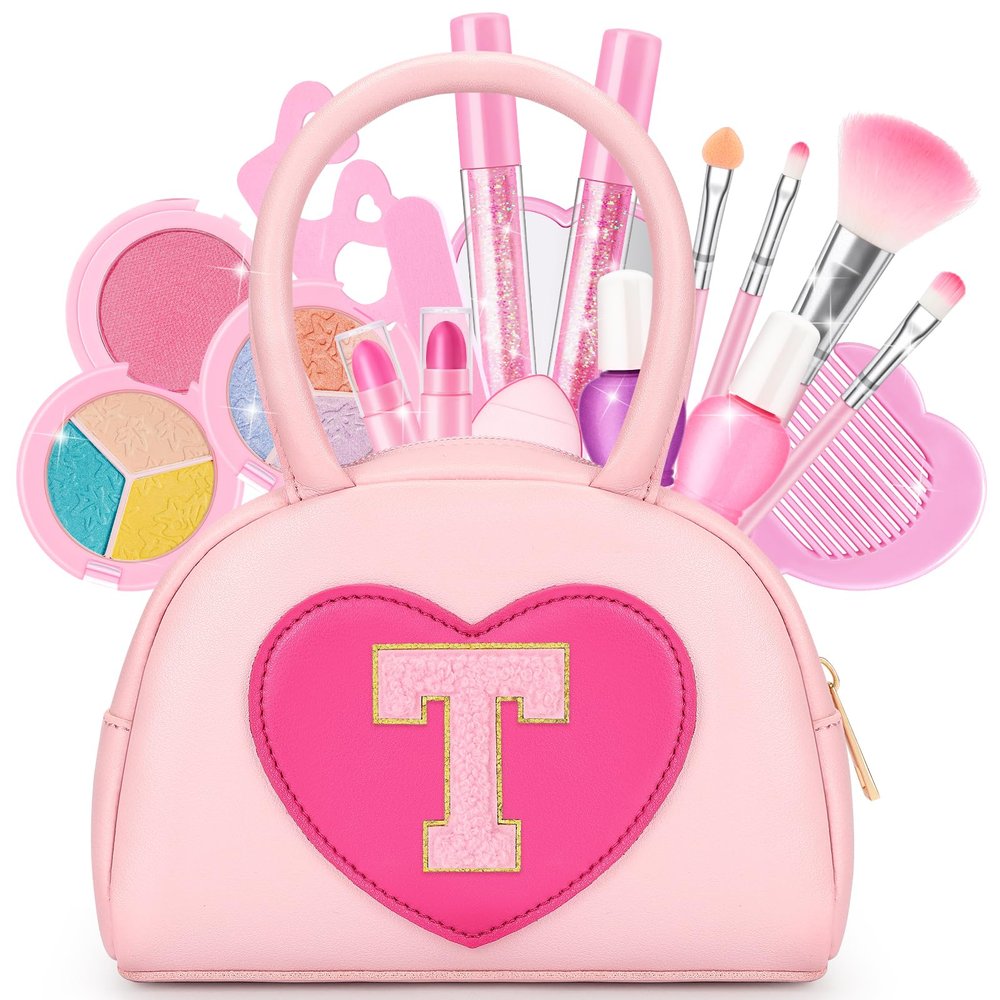 Kids Washable Makeup Kits for Little Girls - 18 Pcs Toddler Non Toxic Real Make Up Set with Lipstick - Valentines Day Gifts for 3 4 5 6 7 8 9 10 Years Old Pink Initial Heart Purse Birthday Toys - T