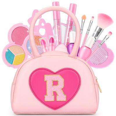 Kids Washable Makeup Kits for Little Girls - 18 Pcs Toddler Non Toxic Real Make Up Set with Lipstick - Valentines Day Gifts for 3 4 5 6 7 8 9 10 Years Old Pink Initial Heart Purse Birthday Toys - R