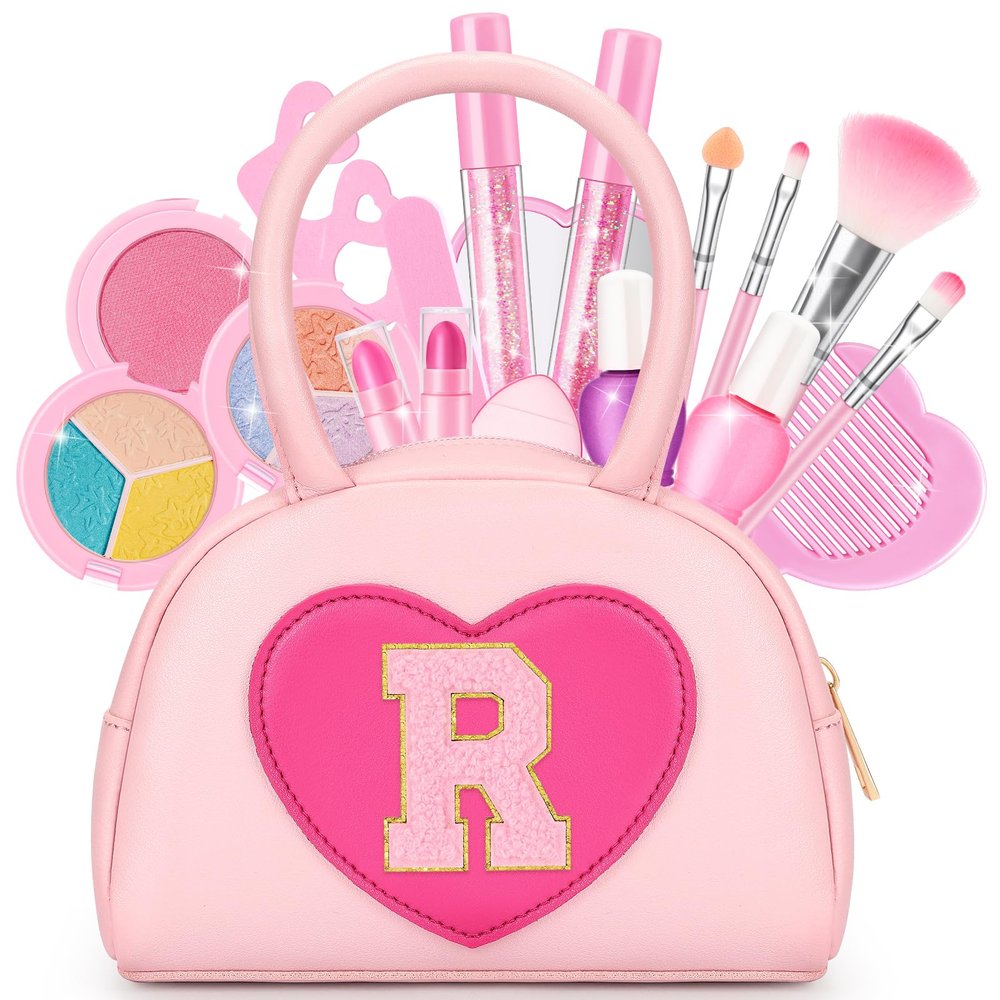 Kids Washable Makeup Kits for Little Girls - 18 Pcs Toddler Non Toxic Real Make Up Set with Lipstick - Valentines Day Gifts for 3 4 5 6 7 8 9 10 Years Old Pink Initial Heart Purse Birthday Toys - R