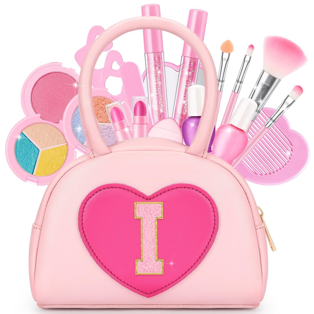 Kids Washable Makeup Kits for Little Girls - 18 Pcs Toddler Non Toxic Real Make Up Set with Lipstick - Valentines Day Gifts for 3 4 5 6 7 8 9 10 Years Old Pink Initial Heart Purse Birthday Toys - I