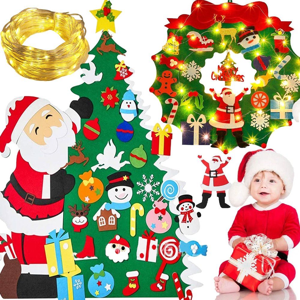 2025 New Montessori Felt Christmas Tree for Toddlers - 3D Felt Xmas Tree with Lights, DIY Holiday Decoration, Wall-Mounted Decor, Ideal DIY Felt Christmas Tree Set (2 pc)