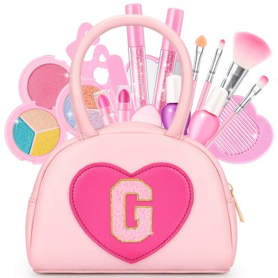 Kids Washable Makeup Kits for Little Girls - 18 Pcs Toddler Non Toxic Real Make Up Set with Lipstick - Easter Basket Stuffers for 3 4 5 6 7 8 9 10 Years Old Pink Initial Heart Purse Birthday Toys - G