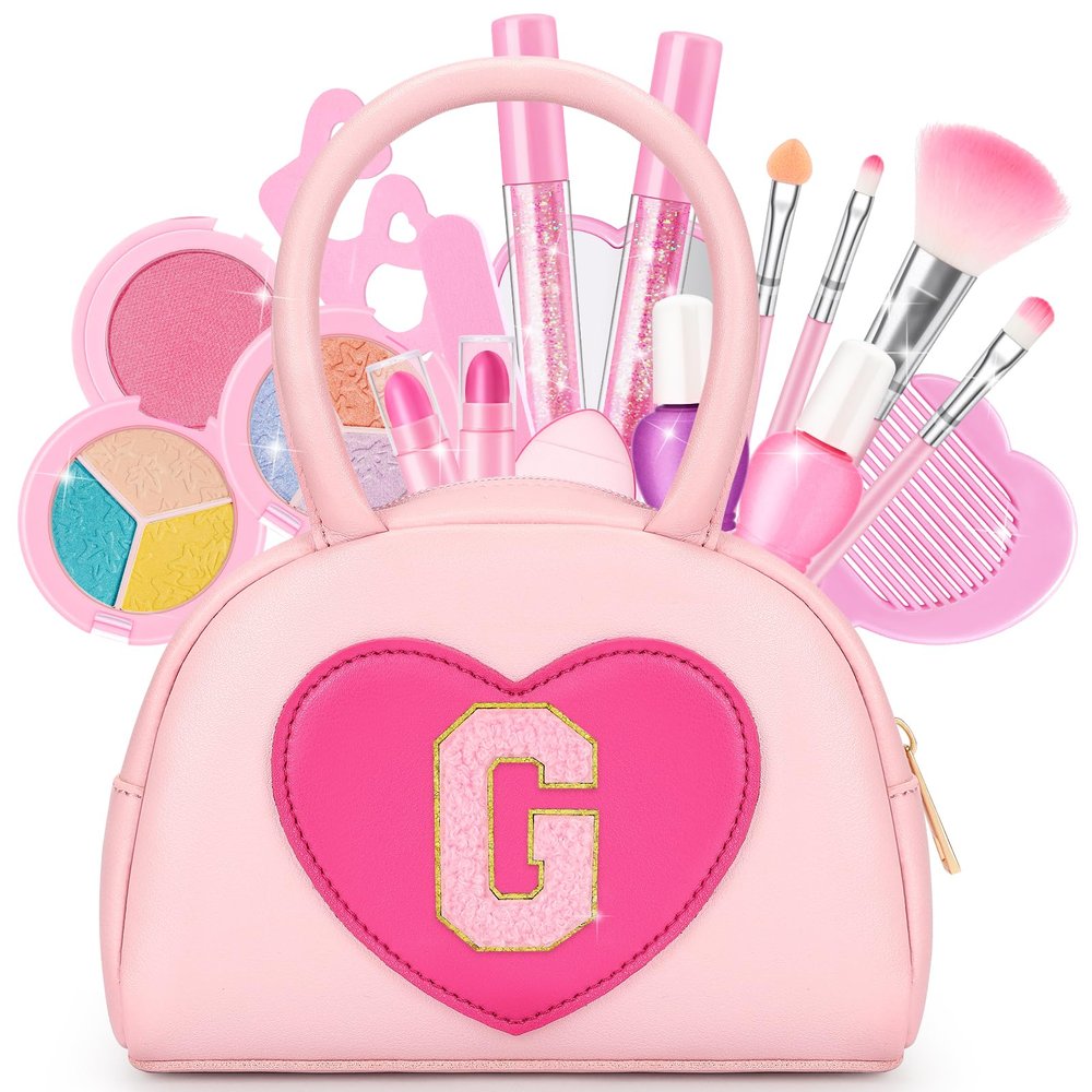 Kids Washable Makeup Kits for Little Girls - 18 Pcs Toddler Non Toxic Real Make Up Set with Lipstick - Easter Basket Stuffers for 3 4 5 6 7 8 9 10 Years Old Pink Initial Heart Purse Birthday Toys - G