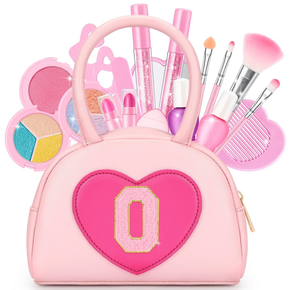 Kids Washable Makeup Kits for Little Girls - 18 Pcs Toddler Non Toxic Real Make Up Set with Lipstick - Valentines Day Gifts for 3 4 5 6 7 8 9 10 Years Old Pink Initial Heart Purse Birthday Toys - O