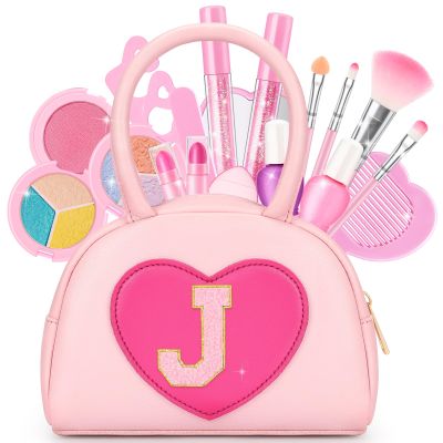 Kids Washable Makeup Kits for Little Girls - 18 Pcs Toddler Non Toxic Real Make Up Set with Lipstick - Valentines Day Gifts for 3 4 5 6 7 8 9 10 Years Old Pink Initial Heart Purse Birthday Toys - J