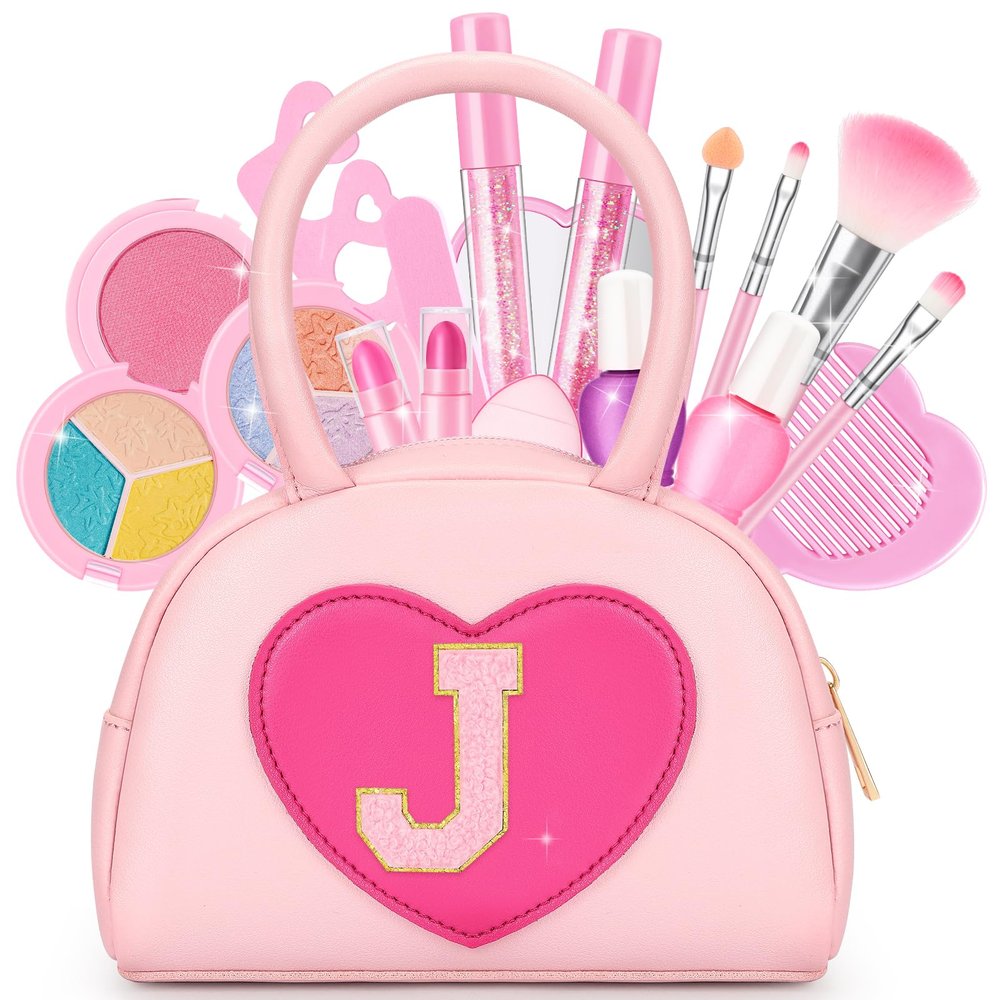 Kids Washable Makeup Kits for Little Girls - 18 Pcs Toddler Non Toxic Real Make Up Set with Lipstick - Valentines Day Gifts for 3 4 5 6 7 8 9 10 Years Old Pink Initial Heart Purse Birthday Toys - J
