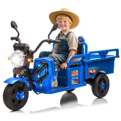 12V Kids Electric 3-Wheel Cargo Truck, Ride on Toy with 12.6" Extra Wide Seat, Toddler Ride on Car with Large Storage Space, Music, Non-Slip 3-Wheel Design & LED Lights (Blue)