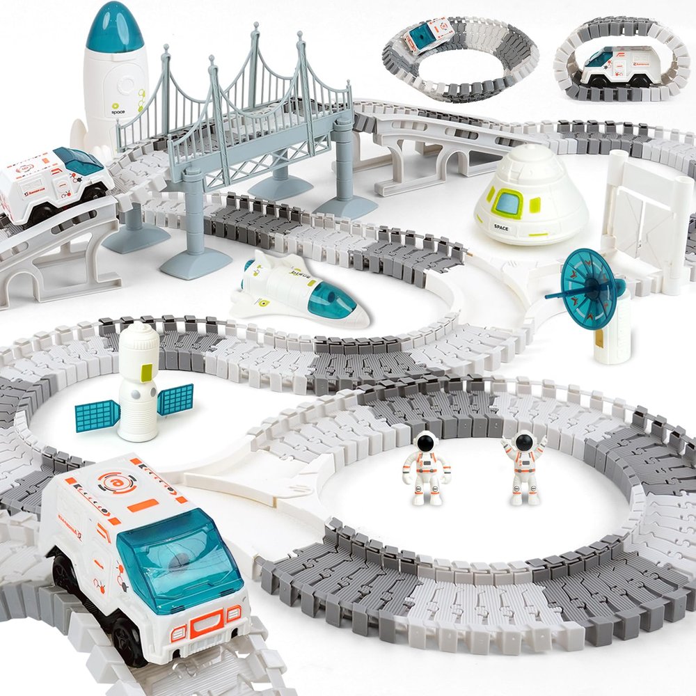 GIAT Race Car Tracks Set - Birthday Gift for 3 4 5 6 7 Year Old Boys, 290+ PCS Flexible Train Track Kit for Kids, Interactive Toy with Cars and Rocket