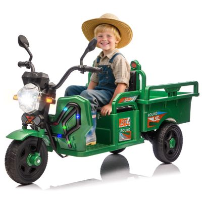 12V Kids Electric 3-Wheel Cargo Truck, Ride on Toy with 12.6" Extra Wide Seat, Toddler Ride on Car with Large Storage Space, Music, Non-Slip 3-Wheel Design & LED Lights (Green)