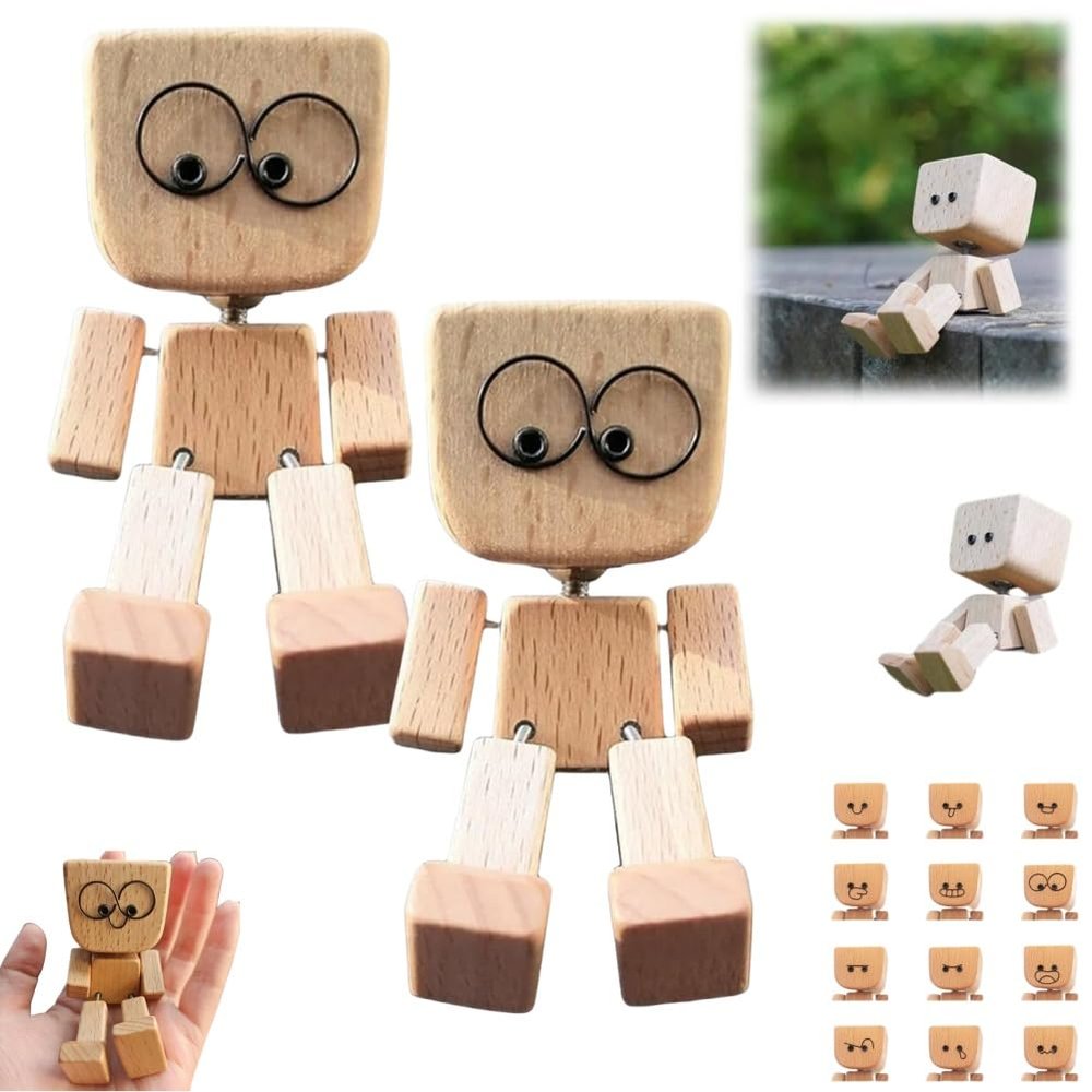 Christmas Shaking Wooden Man Figurine, Charming Little Wooden Figure That Sways with 12PCS Magnetic Expressions, Handmade Wood Shake Auto Ornament, Funny Car Dashboard Accessories