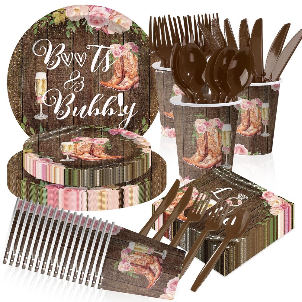 168Pcs Boots and Bubbly Bridal Shower Party Decorations Rustic Brown Wood Plates and Napkins Sets Golden Champagne Engagement Decorations for Wedding Bride To Be Bachelorette Party Supplies Serves 24