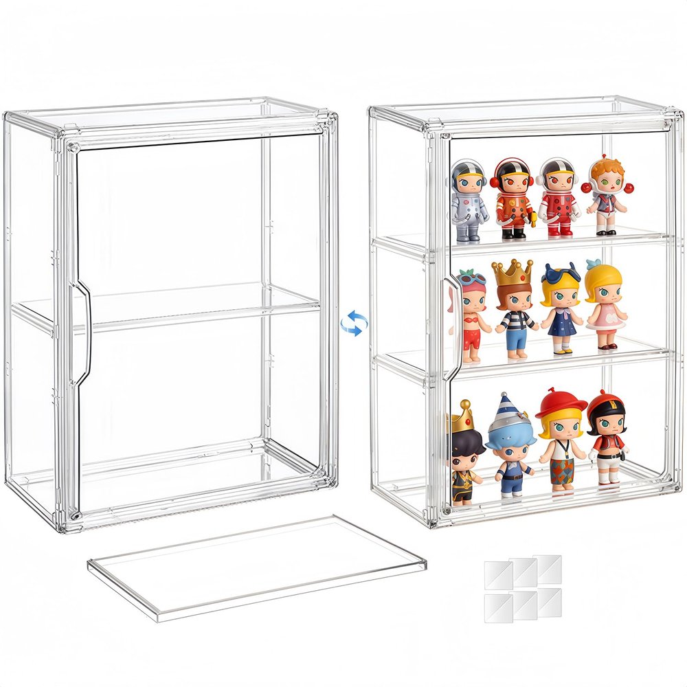 2 Pack 3 Tier Clear Acrylic Display Cases for Collectibles, Display Case for Figures with 2 Adjustable Shelves, Desktop or Wall-Mounted Storage Organizer Showcase for Action Figure & Anime Figures