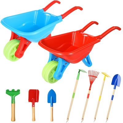 2 Pcs Kids Wheelbarrow Set with 7 Pcs Gardening Tools for Kids Toddlers, Small Plastic Wheelbarrow with Shovels for Toddlers, Garden Cart on Wheels for Boys Girls Outdoor Digging Play, Aged 3+ Years