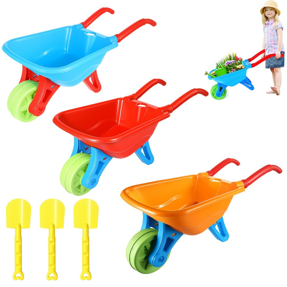 3 PCS Kids Wheelbarrow with 3 PCS Kids Toddlers Shovels for Gardening Digging, Small Plastic Wheelbarrow for Toddlers, Garden Cart on Wheels for Girls Boys Outdoor Digging Play Over Aged 3 Years Old