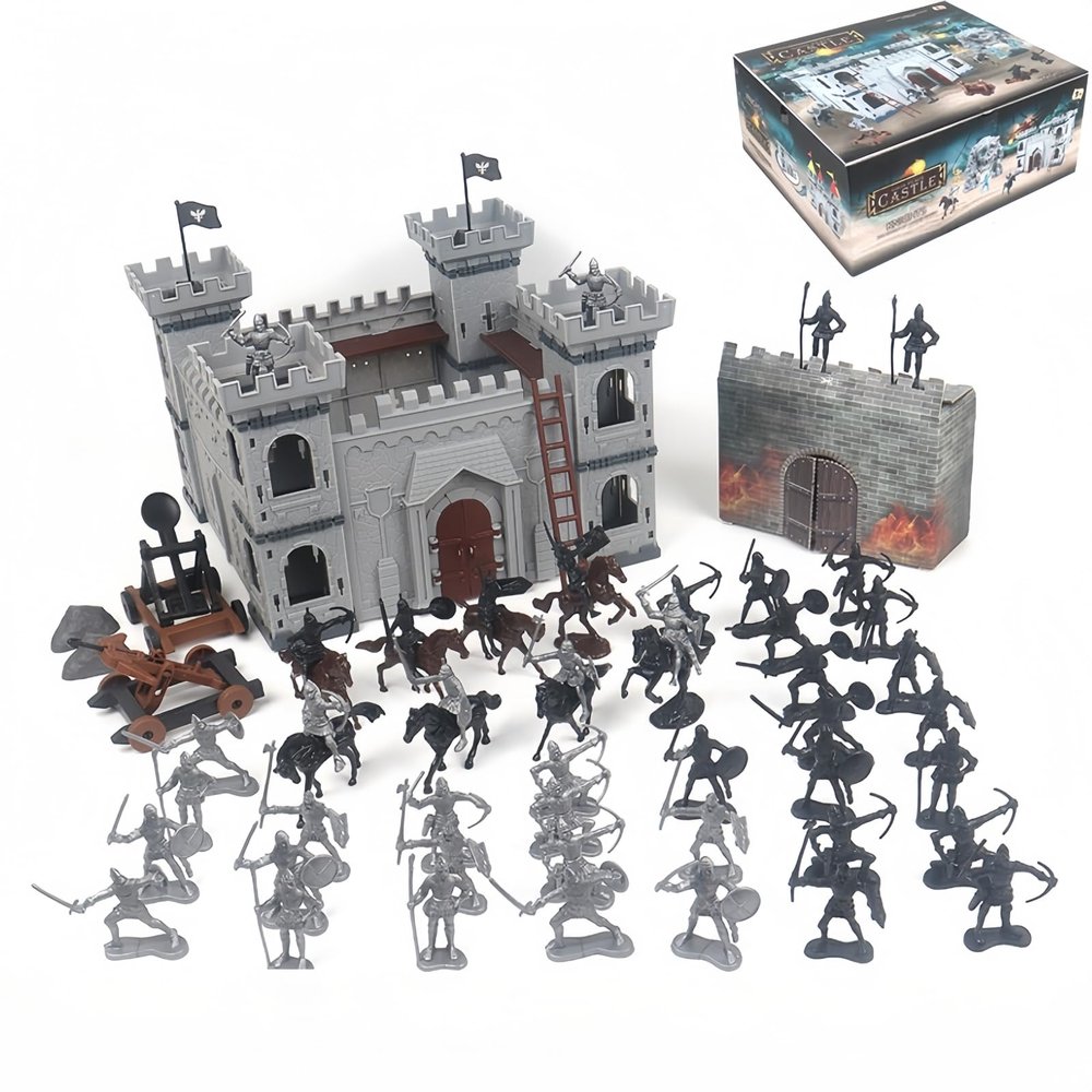 Yoyoom Medieval Castle Knight Toy Soldier Army Men Figurines, DIY Assembly Kit with Detachable Castle, 8 Knights, 8 Horses, 36 Soldiers, Simulated Siege War of Attack