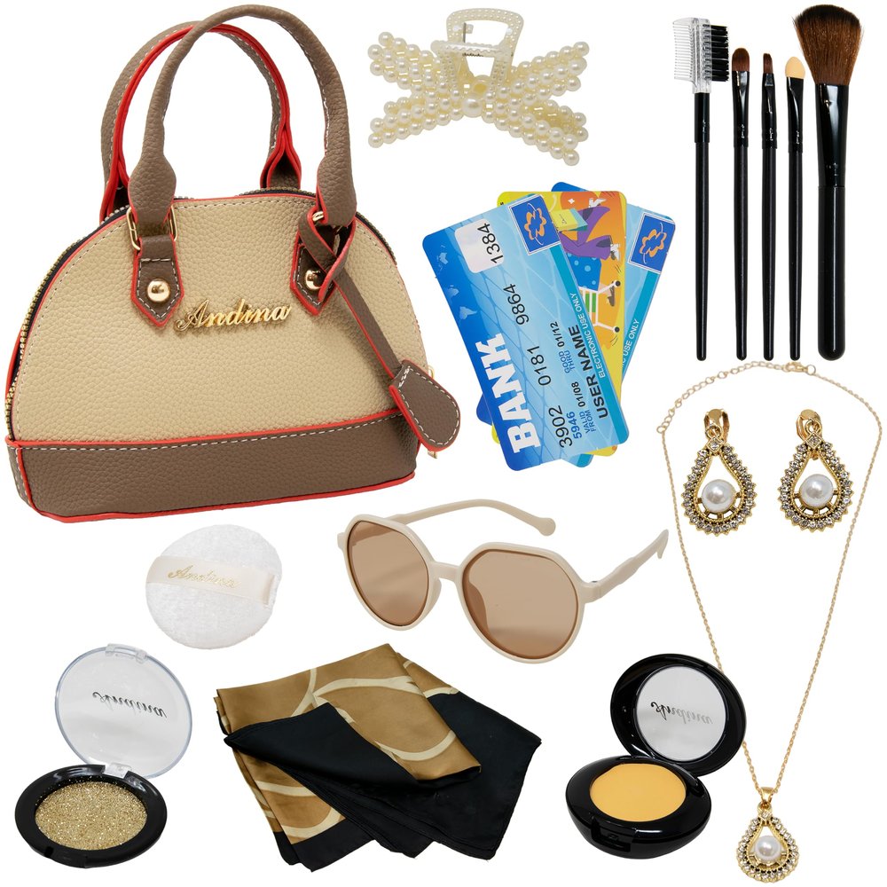 Kiddie Play Toddler Purse Makeup Kit with Accessories for Girls - Pretend Fake Makeup with Sunglasses, Claw Clip, Credit Cards, Scarf and Jewelry for Kids