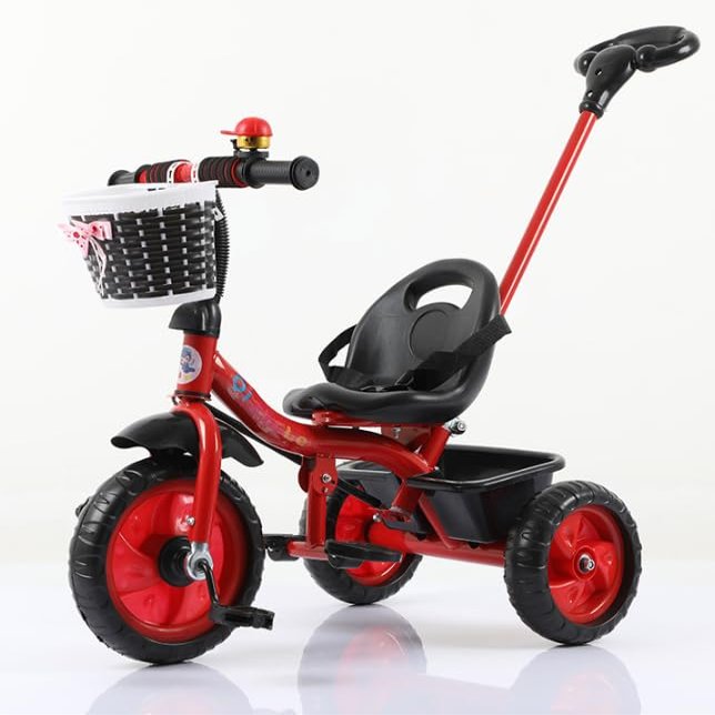 Kids Tricycle with Parent Push Handle, Adjustable Seat, Storage Basket, Red and Black