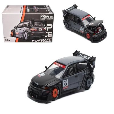 1:64 Diecast Model Car Compatible with Honda Civic EG6 Pandem Kanjozoku Matt Black and Gray with Graphics Limited Edition by Pop Race PR640163