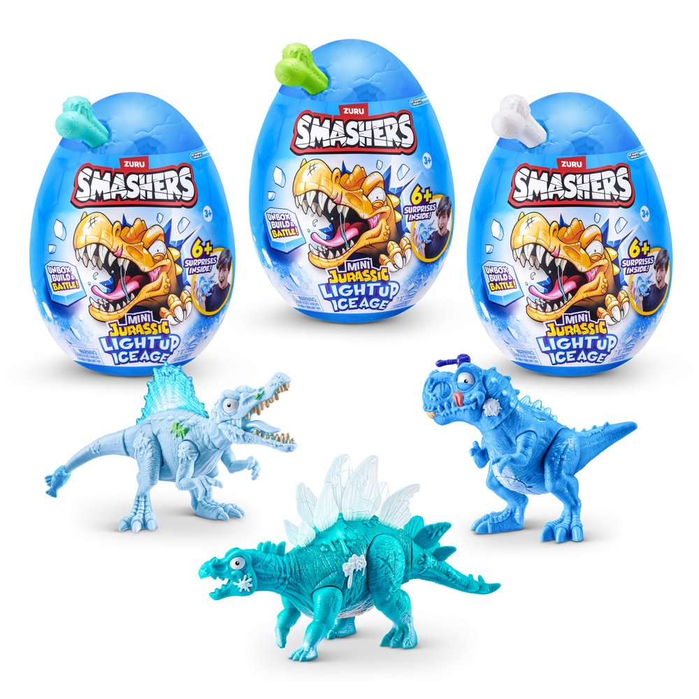 Smashers Mini Jurassic Light Up Ice Age Egg (3 Pack) by ZURU Smashable Dinosaur Toy with 6+ Surprises, Slime & Ice Cube Slime, Light-Up Dino for Kids Ages 3+