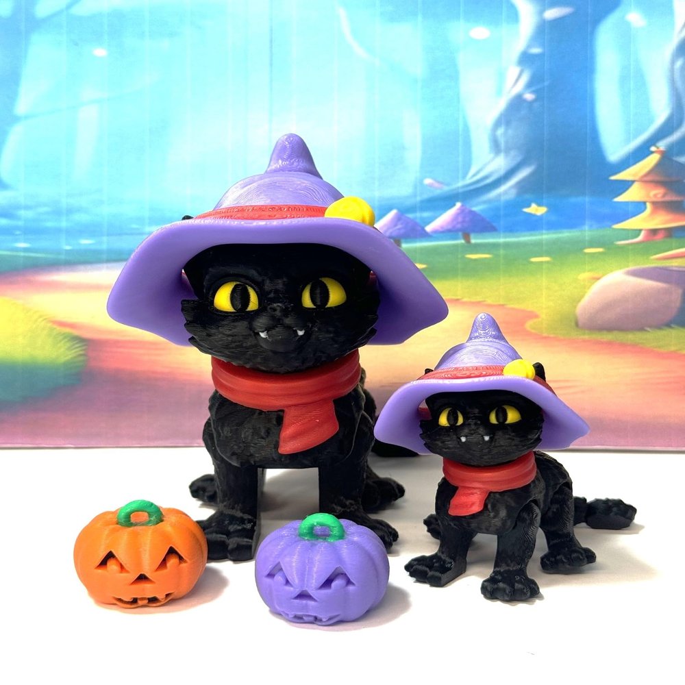 2pcs Cat in a Hat 3D Printed Articulated Cats with witch Hat 4" and 2" Black Posable and Movable Head and Joints, Halloween Cats for Halloween and Fall Holiday Decoration ACIH-2X