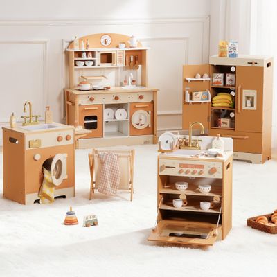 ROBOTIME Caramel Wooden Kids Play Kitchen 4-in-1 Toddler Role Play Kitchen Set with Fridge, Washing Machine & Iron, Dishwasher Pretend Cooking Playset for Boys & Girls Ages 3+