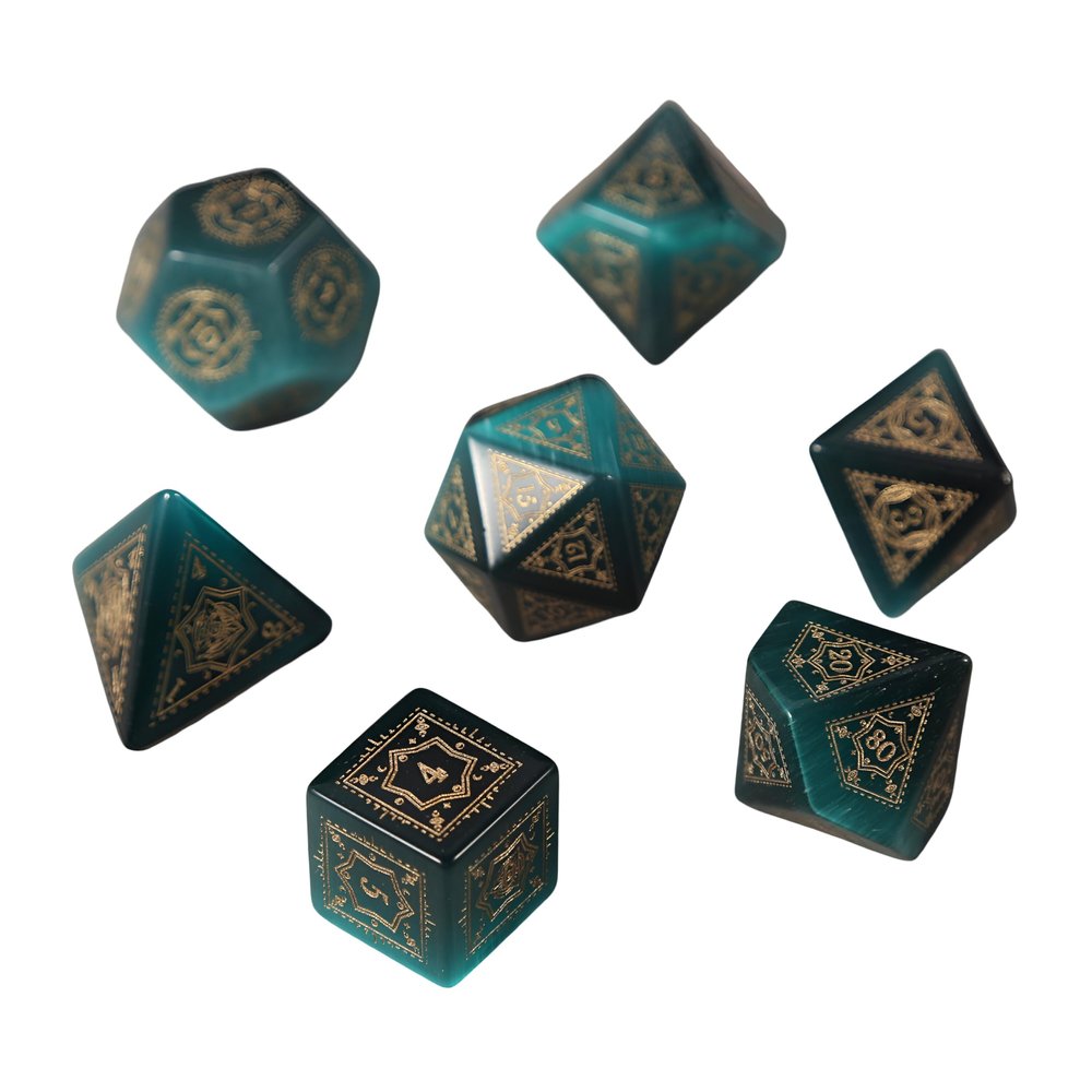 7pcs Polyhedral Dice Set Vintage Dragon Engraved Gemstone Style Dice for DND, Dungeons & Dragons, RPG Tabletop Games (Peacock Blue Cats Eye)