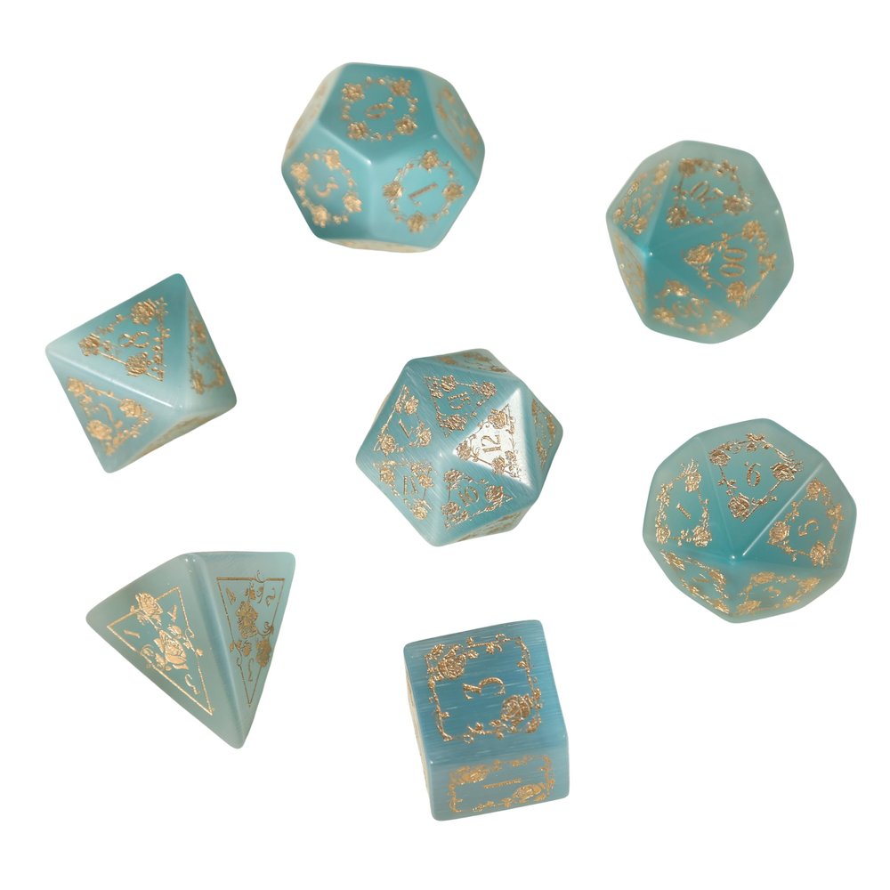 7pcs Polyhedral Dice Set  Vintage Dragon Engraved Gemstone Style Dice for DND, Dungeons & Dragons, RPG Tabletop Games (Bright Sky Blue Cats Eye)