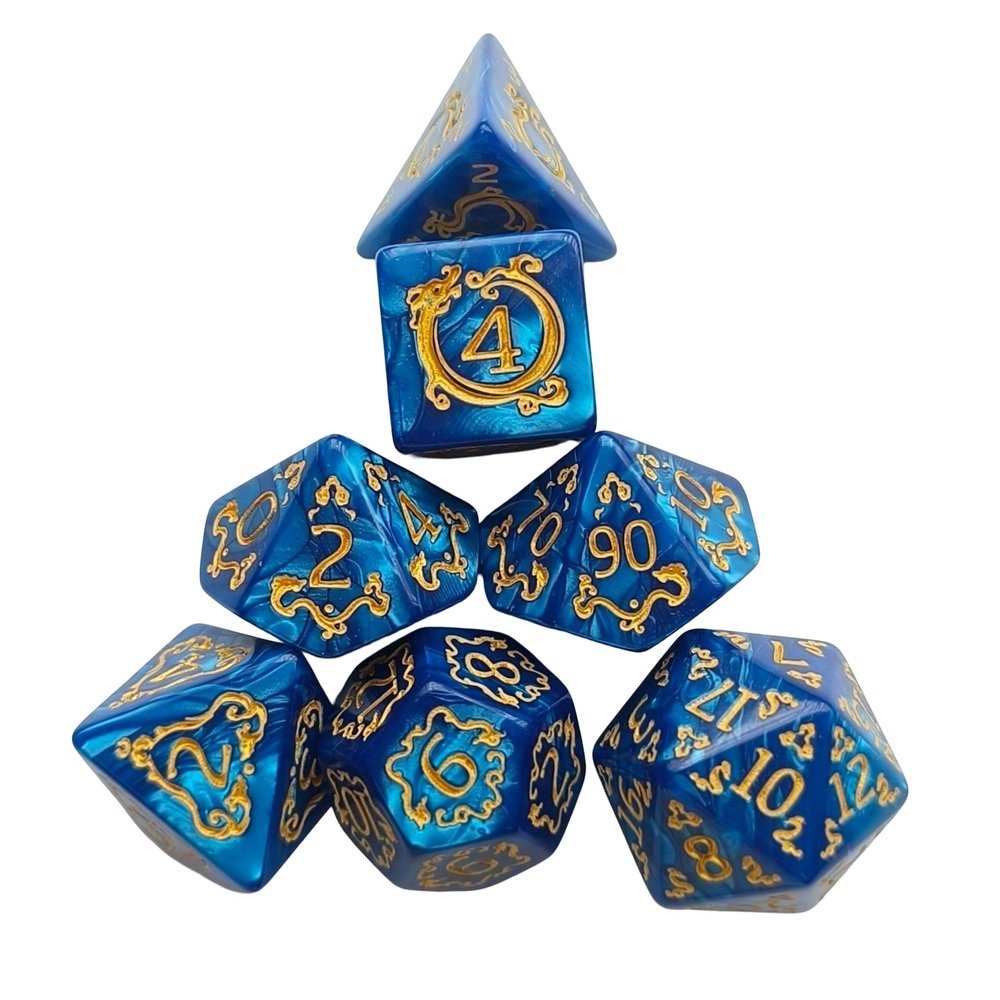 7pcs Polyhedral Dice Set  Vintage Dragon Engraved Gemstone Style Dice for DND, Dungeons & Dragons, RPG Tabletop Games (Pearl Blue Finish)