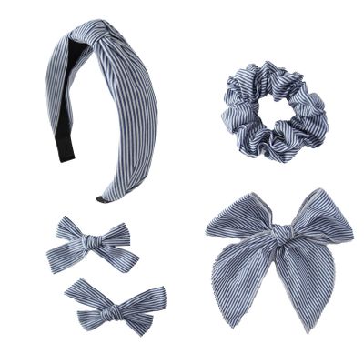 DUOJINSANXI 5 Pcs Striped Hair Bows School Uniform Knotted Striped Headband Scrunchies Hair Bow Set Alligator Clips for Toddler Girls Accessories for Little School Girls (Navy Blue)