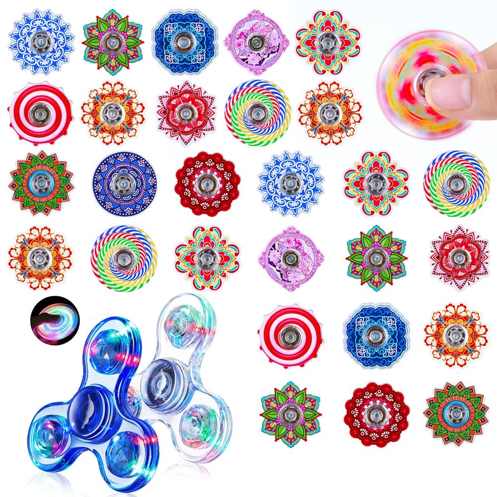 Bulk Fidget Spinners Set, 50 Pcs Sensory Fidget Toys with Unique Patterns & 2 Pcs LED Light Up Spinner, Stress Relief Toys for Kids with ADHD Autism, Party Favors, Goodie Bag Stuffers, Classroom Prize