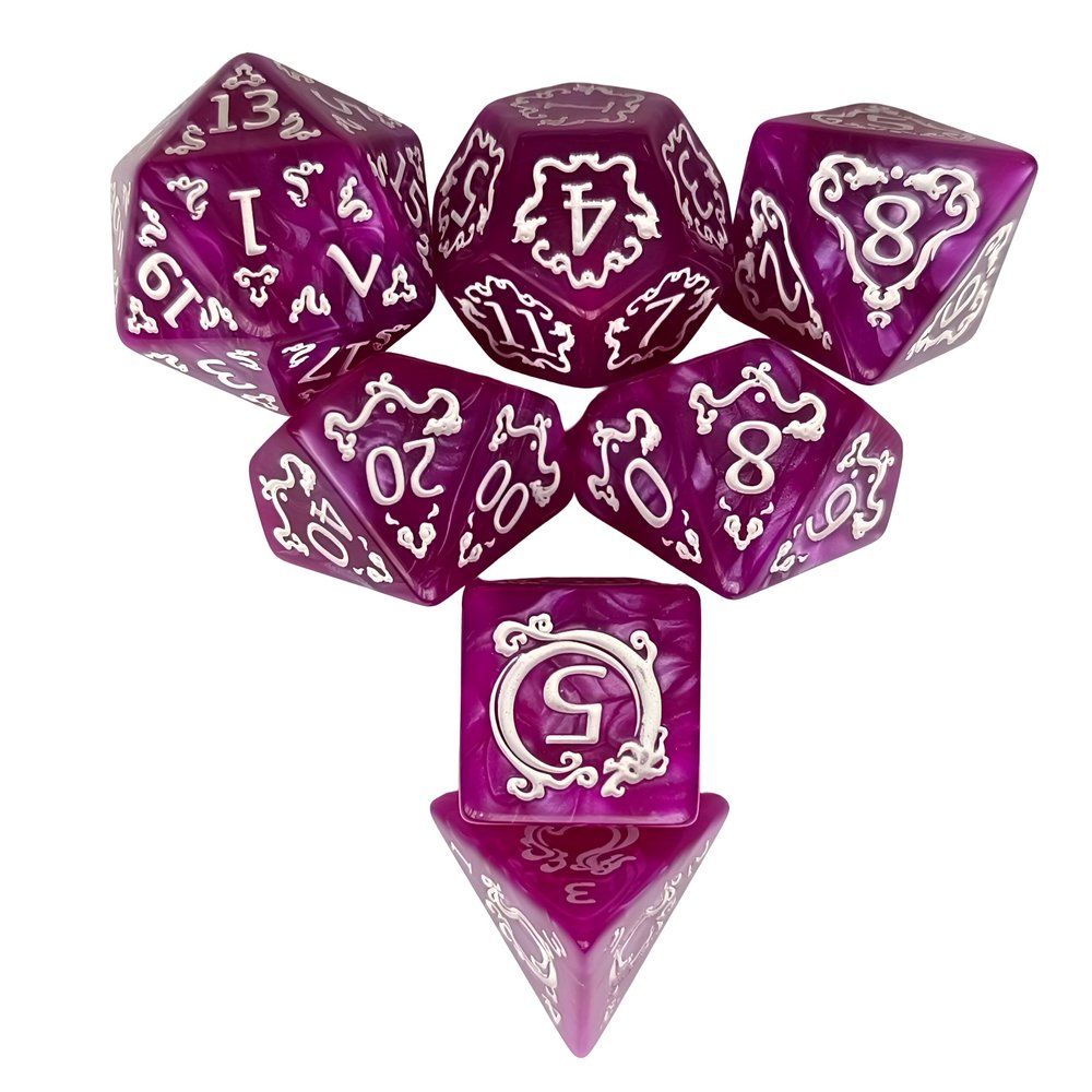 7pcs Polyhedral Dice Set  Vintage Dragon Engraved Gemstone Style Dice for DND, Dungeons & Dragons, RPG Tabletop Games (Pearl Rose Purple Finish)