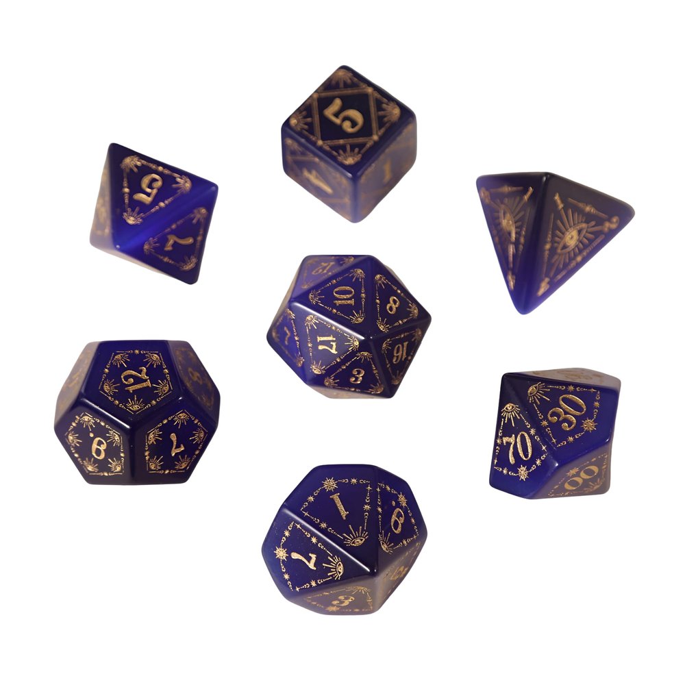 7pcs Polyhedral Dice Set Vintage Dragon Engraved Gemstone Style Dice for DND, Dungeons & Dragons, RPG Tabletop Games (Medium Blue Cats Eye)