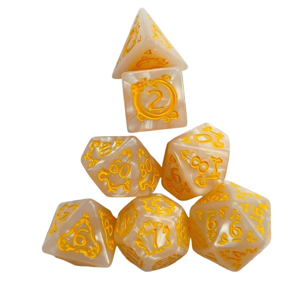 7pcs Polyhedral Dice Set  Vintage Dragon Engraved Gemstone Style Dice for DND, Dungeons & Dragons, RPG Tabletop Games (Pearl White Finish)