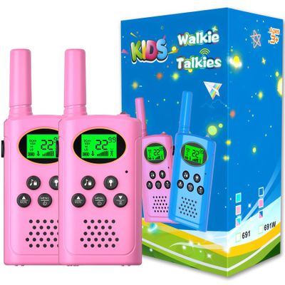 POKPOW Walkie Talkies for Kids 2 Pack, Toys for Ages 4-13 Year Old Boys Girls with Flashlight LCD Screen, Long Range 22 Channels 2 Way Radio Indoor Outdoor Adventure Easter Xmas Birthday Gifts (Pink)