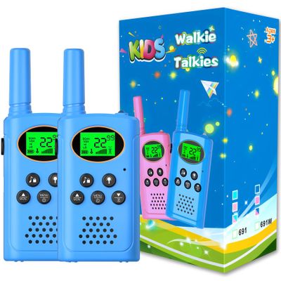 POKPOW Walkie Talkies for Kids 2 Pack, Toys for Ages 4-13 Year Old Boys Girls with Flashlight LCD Screen, Long Range 22 Channels 2 Way Radio Indoor Outdoor Adventure Easter Xmas Birthday Gifts (Blue)