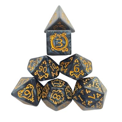 7pcs Polyhedral Dice Set Vintage Dragon Engraved Gemstone Style Dice for DND, Dungeons & Dragons, RPG Tabletop Games (Pearl Black Finish)